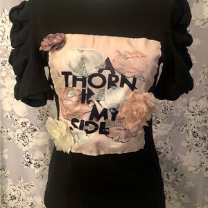 🌺 Kiwi Black Top with Floral Accents